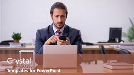 Presentation with employee - Slide set featuring young-man-businessman-employee-sitting background and a coral colored foreground