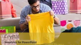  Presentation with blog - Amazing presentation design having young man buying clothing online and running blog backdrop and a gold colored foreground