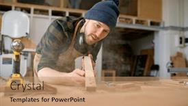  Presentation with carpenter - Slide set having young-man-carpenter-blowing-sawdust background and a coral colored foreground