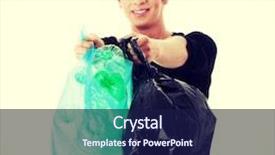  Presentation with recyclable - Slide deck featuring young man carrying a plastic trash bags full with empty recyclable household material background and a navy blue colored foreground