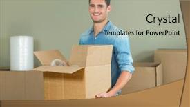  Presentation with boxes - PPT theme with young man carrying carton boxes background and a light gray colored foreground