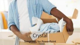  Presentation with box carton - Presentation design featuring young man carrying open carton background and a coral colored foreground