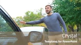  Presentation with taxi - PPT theme enhanced with young man catching taxi on city street background and a coral colored foreground