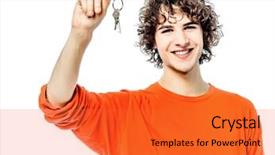  Presentation with young - Audience pleasing presentation theme consisting of young man caucasian holding keys backdrop and a red colored foreground