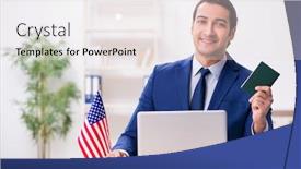  Presentation with embassy - Amazing presentation theme having young-man-checking-passport backdrop and a sky blue colored foreground