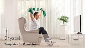  Presentation with game - Amazing PPT theme having young-man-cheering backdrop and a mint green colored foreground