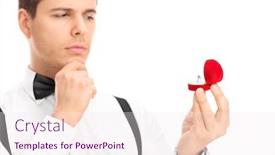  Presentation with engagement - Cool new slides with young man choosing an engagement ring isolated on white background backdrop and a sky blue colored foreground