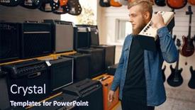  Presentation with ultimate combo - Beautiful presentation design featuring young-man-choosing-combo-amplifier backdrop and a wine colored foreground