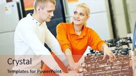  Presentation with kitchen appliance - PPT theme having young man choosing kitchen range background and a coral colored foreground