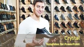  Presentation with greeiting show man - PPT theme with young man choosing shoes background and a violet colored foreground