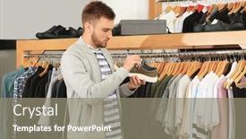  Presentation with mall - Presentation design having young man choosing shoes in mall background and a gray colored foreground