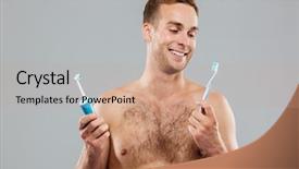  Presentation with gray - Audience pleasing theme consisting of young man choosing toothbrush isolated backdrop and a coral colored foreground