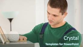  Presentation with cleaning - Slide deck consisting of young man cleaning bookshelf indoors background and a ocean colored foreground