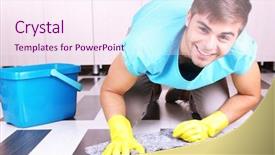  Presentation with room cleaning - Presentation theme featuring young man cleaning floor background and a sky blue colored foreground