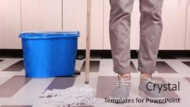  Presentation with room cleaning - Cool new slides with young man cleaning floor backdrop and a light gray colored foreground