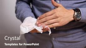  Presentation with cleaning - Slide set having young-man-cleaning-hands background and a dark gray colored foreground