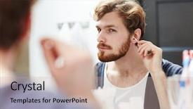  Presentation with ear - Cool new slides with young man cleaning his ears backdrop and a  colored foreground