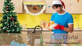  Presentation with christmas party - Colorful slides enhanced with young man cleaning kitchen after christmas party backdrop and a coral colored foreground