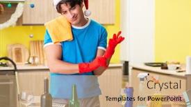  Presentation with christmas party - Cool new PPT theme with young man cleaning kitchen after christmas party backdrop and a coral colored foreground