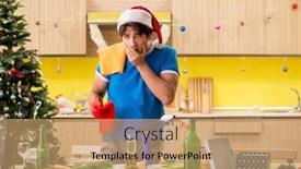  Presentation with christmas party - Presentation design with young man cleaning kitchen after christmas party background and a coral colored foreground