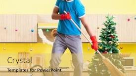  Presentation with christmas party - Cool new presentation theme with young-man-cleaning-kitchen backdrop and a yellow colored foreground