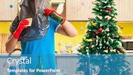  Presentation with christmas party - Amazing slides having young-man-cleaning-kitchen backdrop and a teal colored foreground