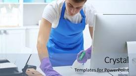  Presentation with office cleaning - PPT layouts having young man cleaning table background and a light blue colored foreground