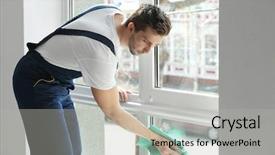  Presentation with office cleaning - Slide deck featuring young man cleaning window in office background and a light gray colored foreground