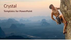  Presentation with business man climbs up to the top of 3d success stairs steps - Slides enhanced with young man climbing vertical wall background and a  colored foreground