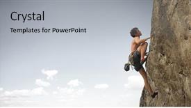  Presentation with cliff - Beautiful theme featuring young man climbs on a cliff on grey sky background backdrop and a light gray colored foreground
