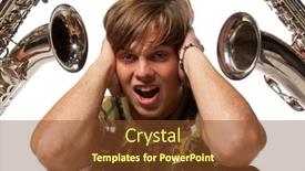  Presentation with noise - Colorful theme enhanced with young man closes ears hands from loud noise backdrop and a tawny brown colored foreground