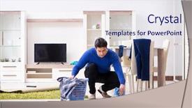  Presentation with clothing - Cool new PPT theme with young man collecting dirty clothing backdrop and a sky blue colored foreground