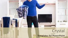  Presentation with clothing - PPT theme having young-man-collecting-dirty-clothing background and a  colored foreground
