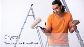  Presentation with home renovation - Amazing PPT theme having young man contractor doing renovation at home backdrop and a sky blue colored foreground