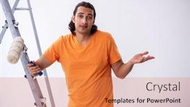  Presentation with home renovation - Colorful presentation theme enhanced with young man contractor doing renovation at home backdrop and a coral colored foreground