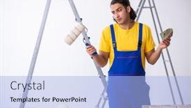  Presentation with home renovation - Colorful PPT layouts enhanced with young-man-contractor-doing-renovation backdrop and a light blue colored foreground