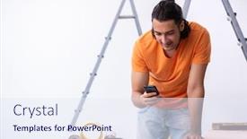  Presentation with home renovation - PPT layouts having young-man-contractor-doing-renovation background and a sky blue colored foreground