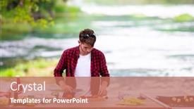  Presentation with outdoor party - Amazing presentation having young man cutting vegetables for salad or barbecue grill during outdoor french dinner party near the river on beautiful summer evening in nature backdrop and a coral colored foreground