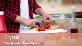  Presentation with outdoor party - Presentation theme consisting of young man cutting vegetables for salad or barbecue grill during outdoor french dinner party near the river on beautiful summer evening in nature background and a coral colored foreground