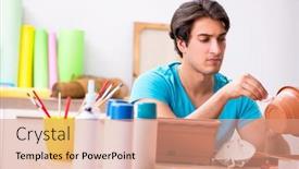  Presentation with pottery - PPT layouts having young man decorating pottery in class background and a coral colored foreground