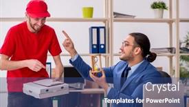  Presentation with office management - Presentation design consisting of young-man-delivering-pizza background and a ocean colored foreground