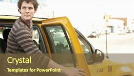  Presentation with taxi - PPT theme featuring young man disembarking taxi while looking away background and a tawny brown colored foreground