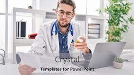  Presentation with report - PPT theme having young-man-doctor-reading-medical background and a light gray colored foreground