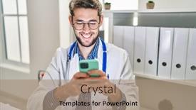  Presentation with smartphone - Presentation design having young-man-doctor-using-smartphone background and a coral colored foreground