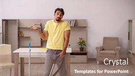  Presentation with home - PPT theme enhanced with young-man-doing-housework background and a violet colored foreground