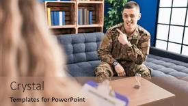  Presentation with forefinger - PPT theme with young-man-doing-therapy background and a coral colored foreground