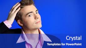  Presentation with roll - Colorful slide deck enhanced with young man dressed in rock'n'roll style posing over blue background backdrop and a cobalt blue colored foreground