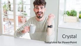  Presentation with pen laptop coffee cup clips - Amazing presentation design having young man drinking a cup backdrop and a light gray colored foreground