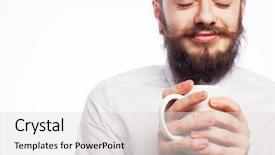  Presentation with tea coffee - Theme enhanced with young man drinking a cup background and a light gray colored foreground