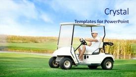  Presentation with golf driving range - Beautiful slide deck featuring young man driving golf buggy backdrop and a sky blue colored foreground